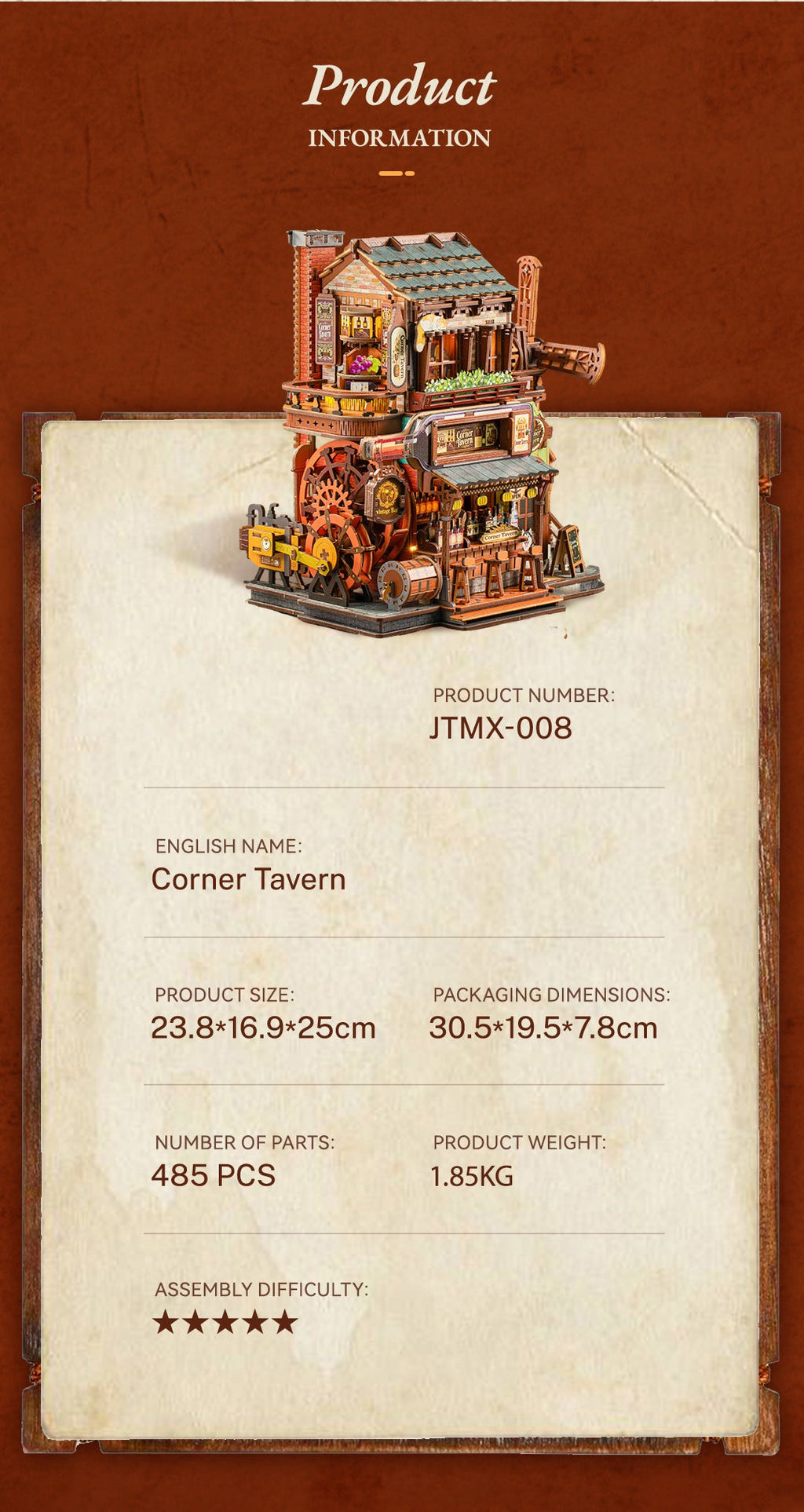 Corner Tavern product information: 485 pieces and finished dimensions