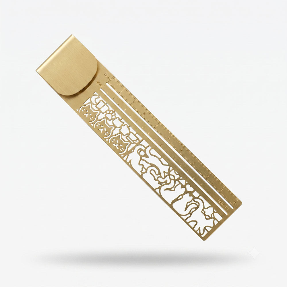 PurrMark – Hollow Cat Brass Bookmark & 15cm Ruler