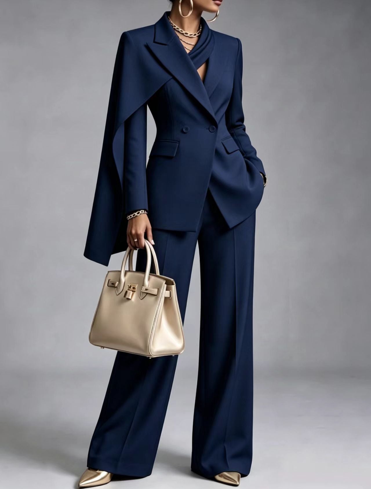 CapeLuxe – 🤲⏰ Women's Chic 2-Piece Suit Set with Asymmetric Cape Blazer & Wide-Leg Pants
