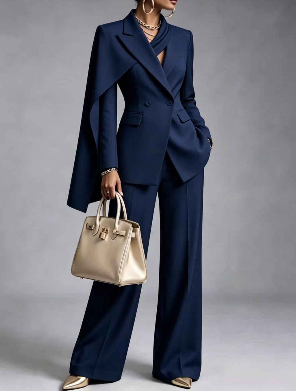 CapeLuxe – 🤲⏰ Women's Chic 2-Piece Suit Set with Asymmetric Cape Blazer & Wide-Leg Pants