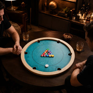 Friends competing with chips and a striker on the rotating mini billiards board