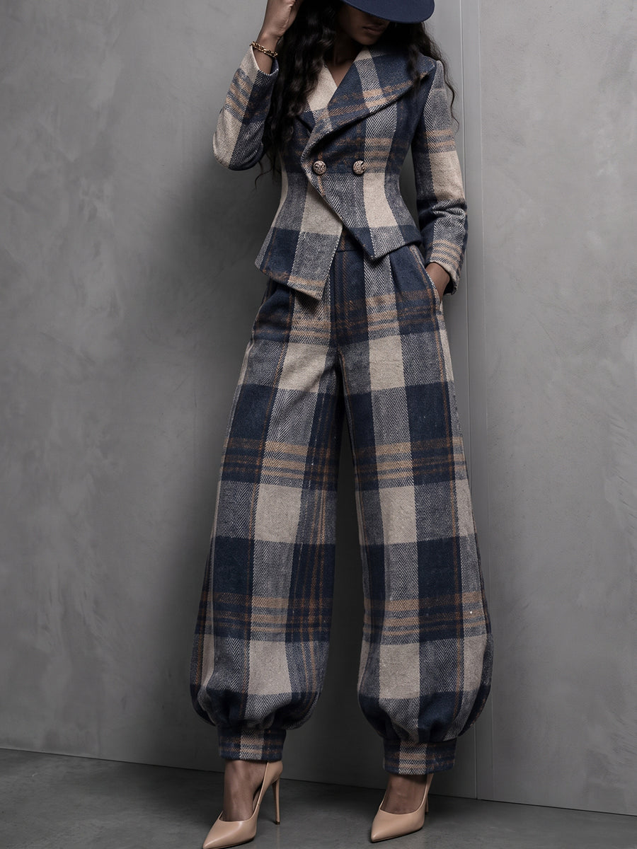 PlaidPoise – 🤲 ⏰🏆 Plaid Blazer & Balloon Pants Set with Free Hat 🎁