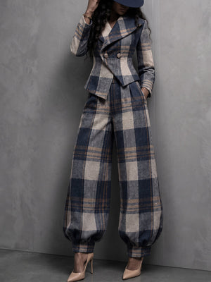 PlaidPoise – 🤲 ⏰🏆 Plaid Blazer & Balloon Pants Set with Free Hat 🎁