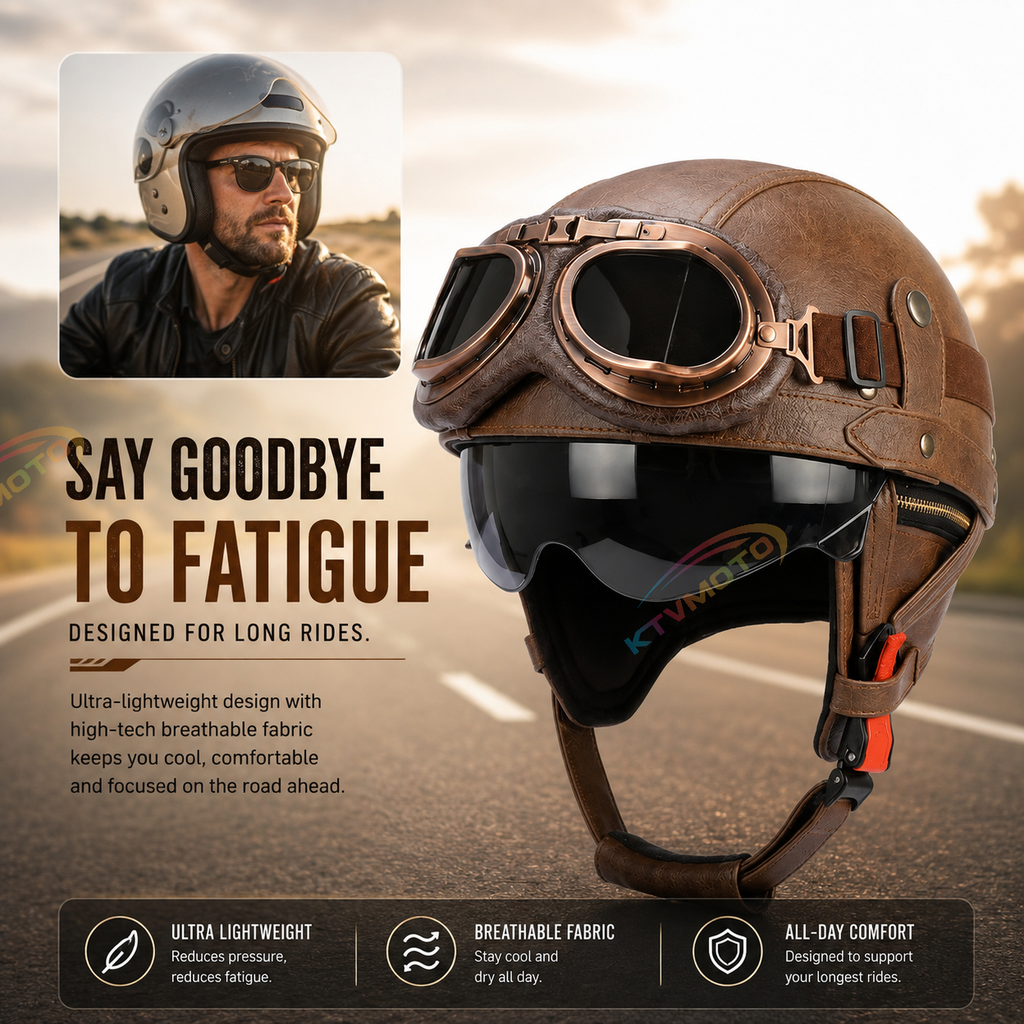 AviatorRide – Vintage PU Leather DOT Motorcycle Half Helmet with Goggles
