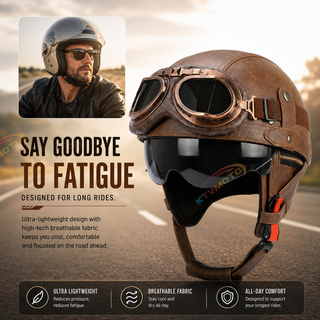 AviatorRide – Vintage PU Leather DOT Motorcycle Half Helmet with Goggles