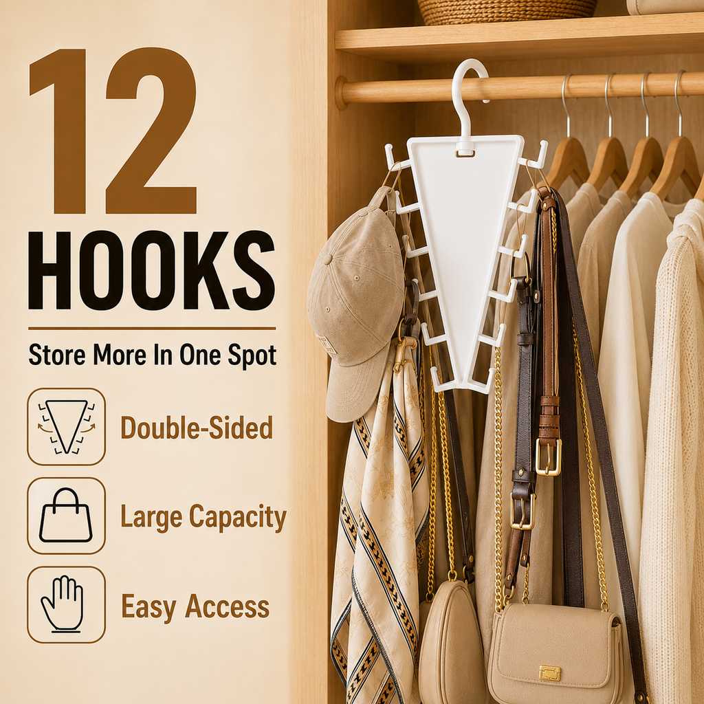 ✨ SwivelNest – 12-Hook V-Shaped Closet Organizer for Hats, Belts, Scarves & Bags