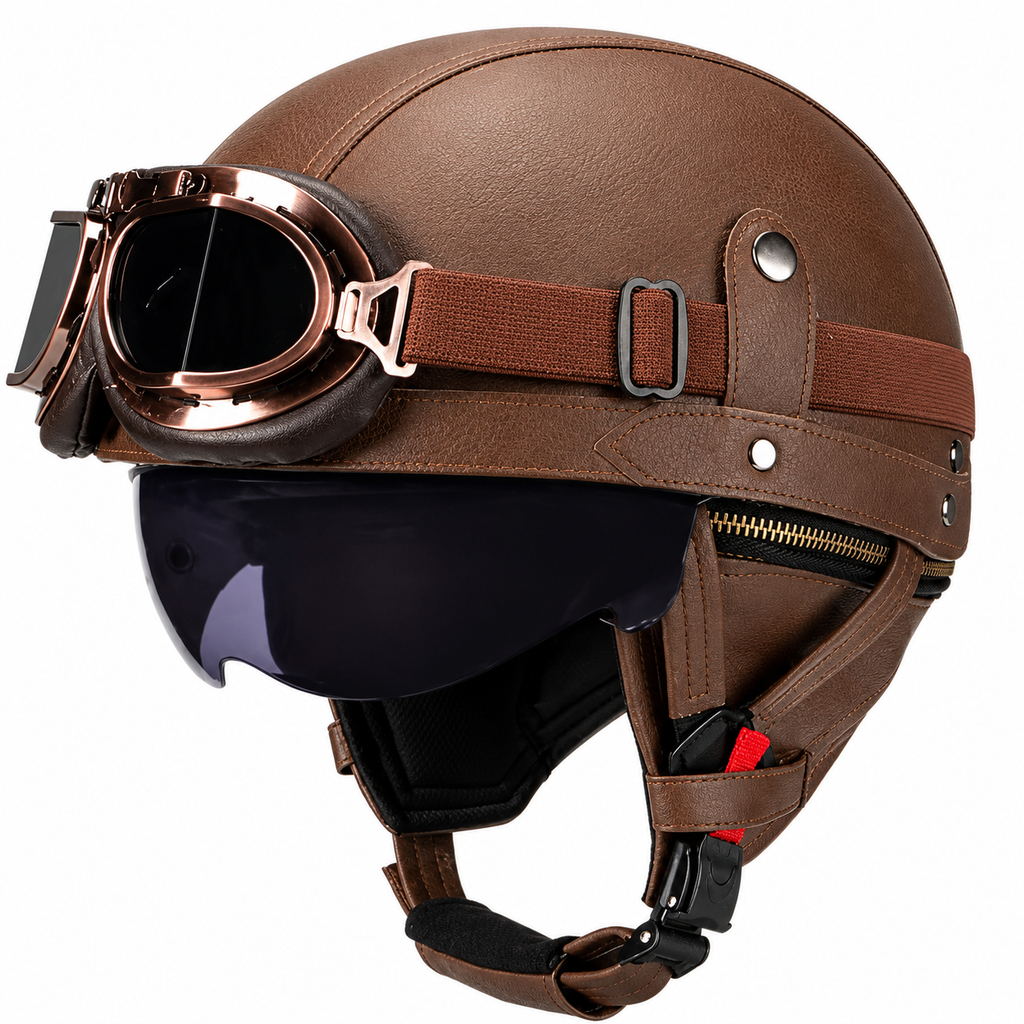 AviatorRide – Vintage PU Leather DOT Motorcycle Half Helmet with Goggles
