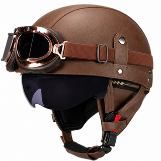 AviatorRide – Vintage PU Leather DOT Motorcycle Half Helmet with Goggles