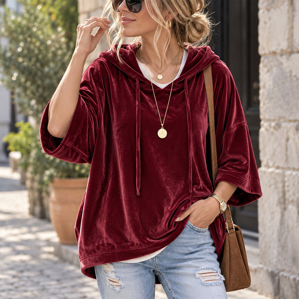 PlushDrape – Women's Velour Oversized Hoodie with 3/4 Sleeves