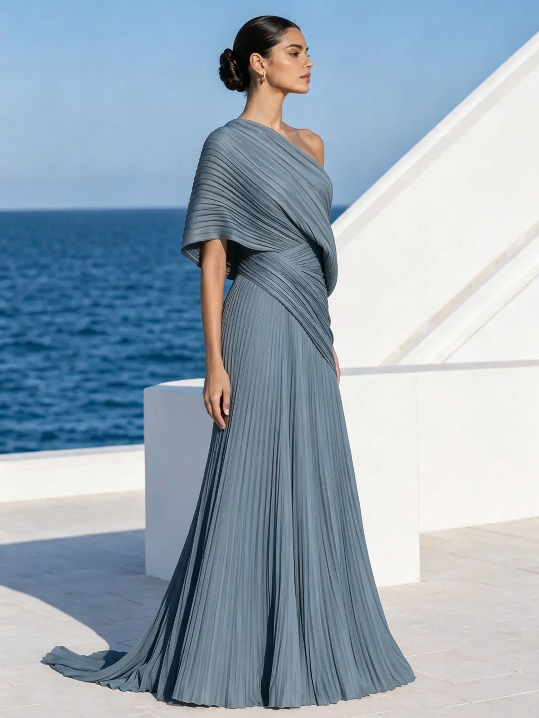 DrapeGala – One Shoulder Pleated Evening Gown