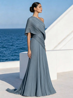 DrapeGala – One Shoulder Pleated Evening Gown