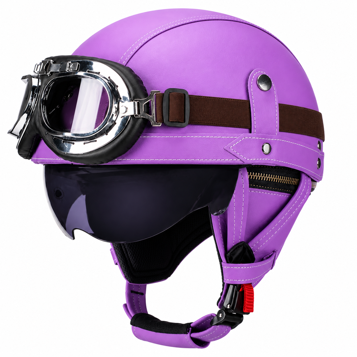 AviatorRide – Vintage PU Leather DOT Motorcycle Half Helmet with Goggles