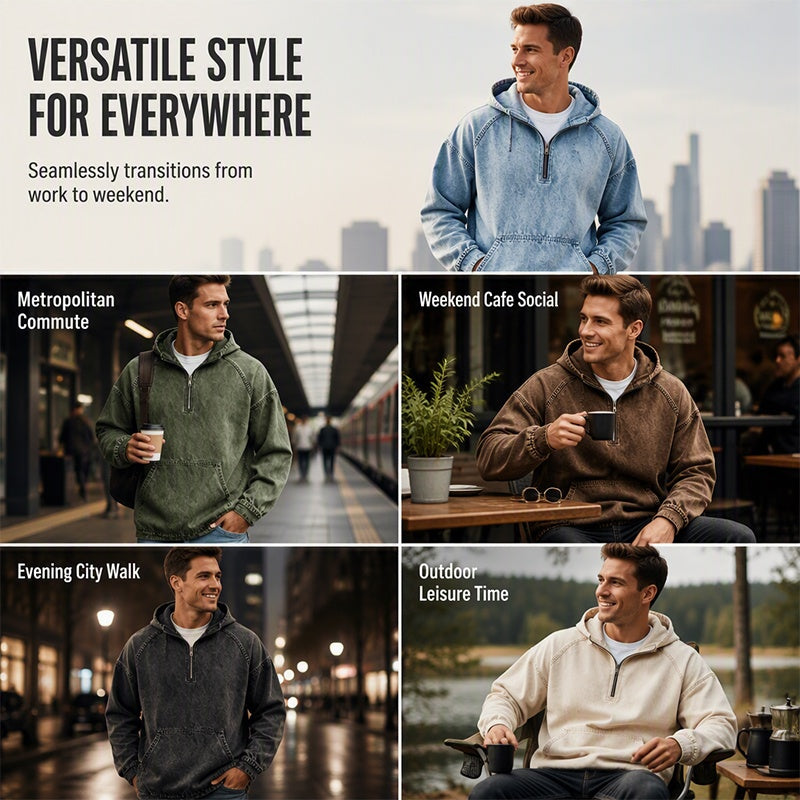 ✨ UrbanEase – Men’s Denim-Inspired Zip Hoodie 👖