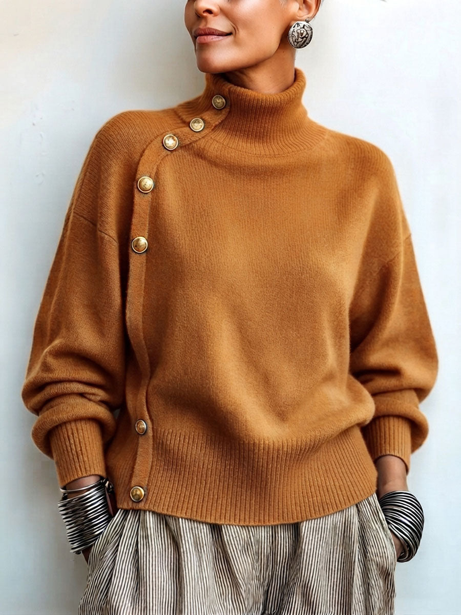 GoldDrape – 🤲 ⏰ Asymmetrical Gold-Button Knit Sweater
