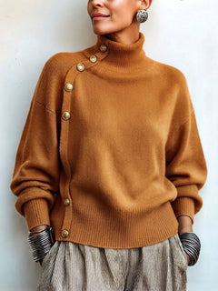 GoldDrape – 🤲 ⏰ Asymmetrical Gold-Button Knit Sweater