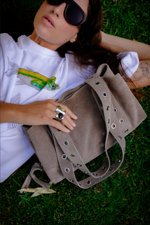 EyeletEase – Stone Suede Leather Handbag