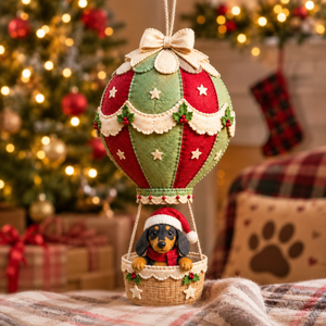 Gnome Christmas hot air balloon hanging decoration with a green hat and snowflake panels