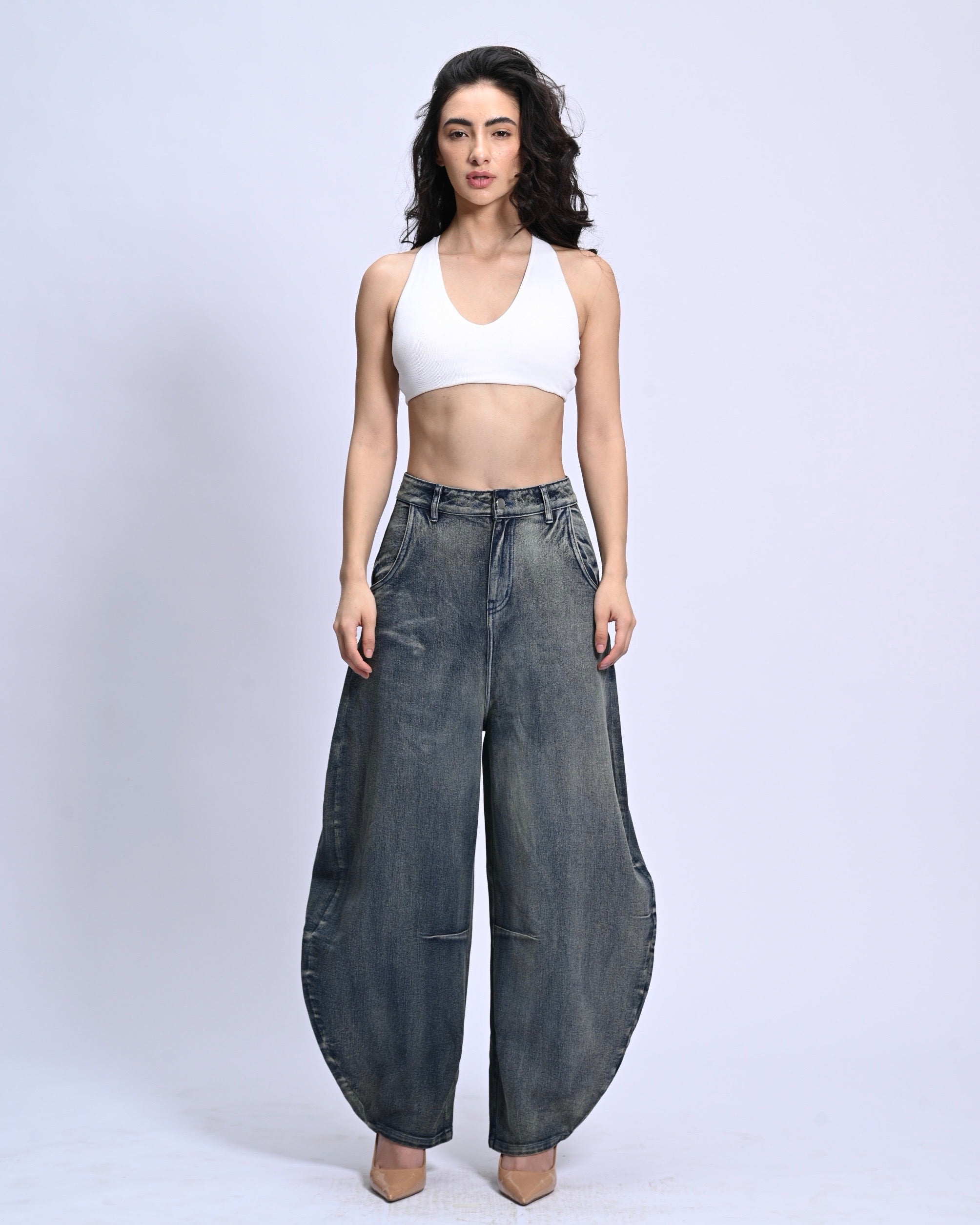 BarrelBloom – High-Rise Barrel Cut Wide-Leg Denim