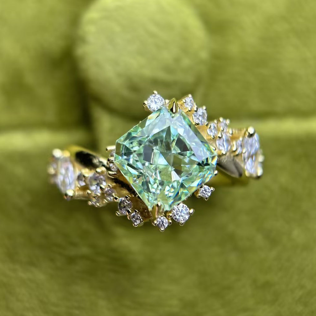 MintCrest – 3ct Cushion-Cut Mint Green Sapphire & White Sapphire Asymmetrical Cluster Ring