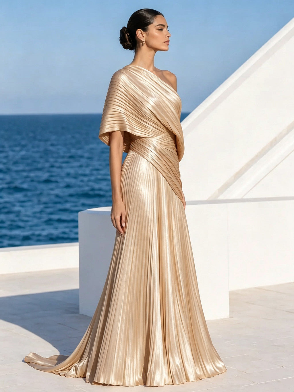 DrapeGala – One Shoulder Pleated Evening Gown
