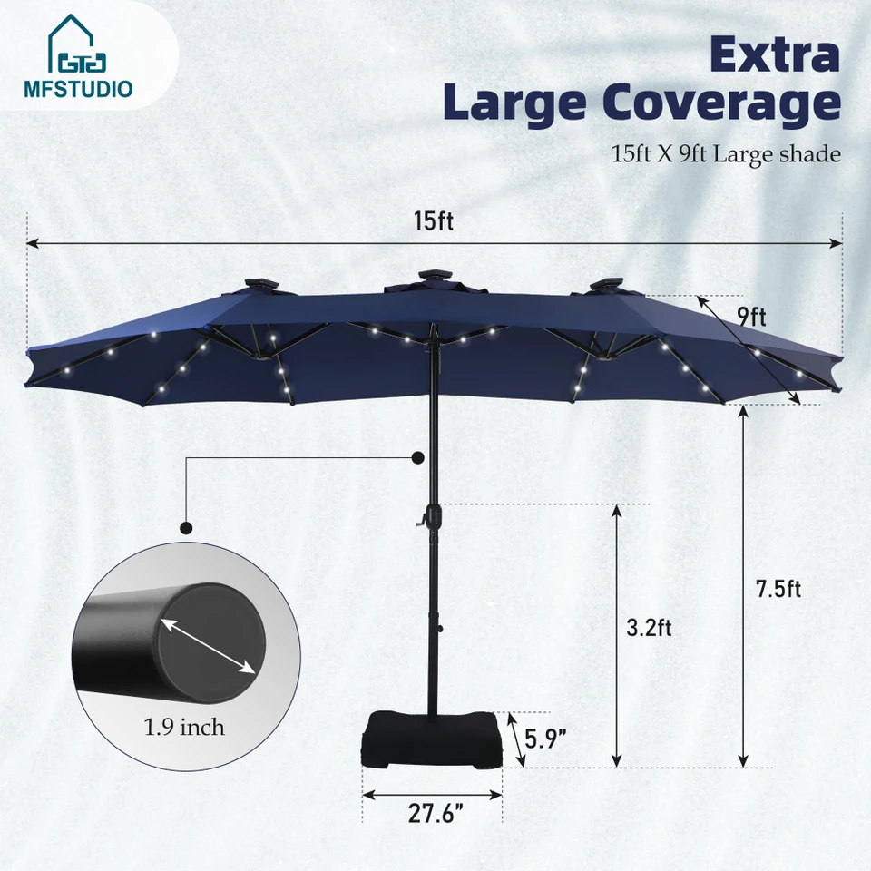 GlowCanopy – 15ft Double-Sided Patio Umbrella with Solar Lights
