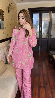 RoseLustre – Rose Pink Viscose Tissue Beadwork Co-ord Set