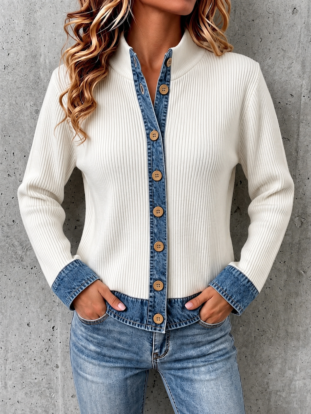 DenimEase – Women's Denim-Paneled Knit Cardigan