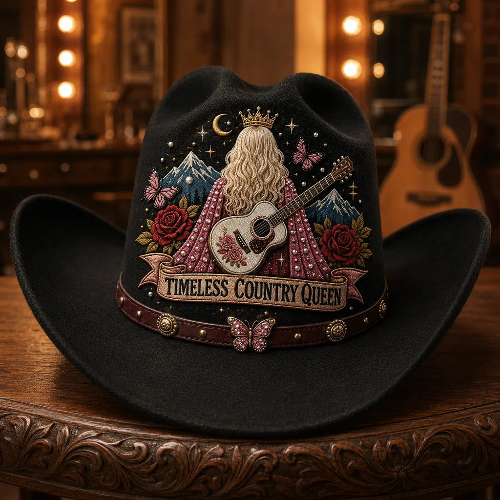 CountryCrown – ⏳ 🤠 Queen of Country 1946–2026 Tribute Embroidered Cowboy Hat With Guitar, Floral & Rhinestone Designs 🎸✨
