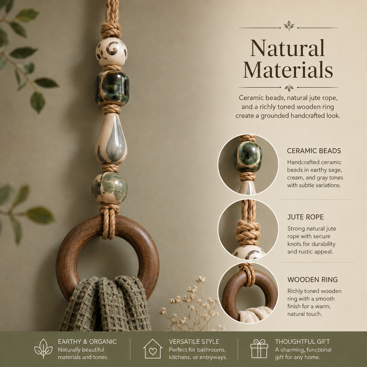 TerraLoop – Decorative Beaded Towel Hanger with Wooden Ring