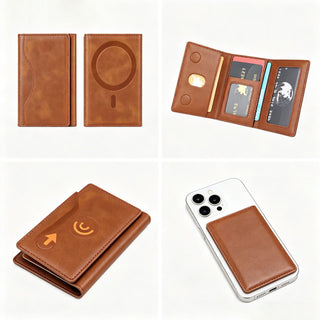FoldMate – Tri-Fold MagSafe Leather Card Holder & Phone Kickstand