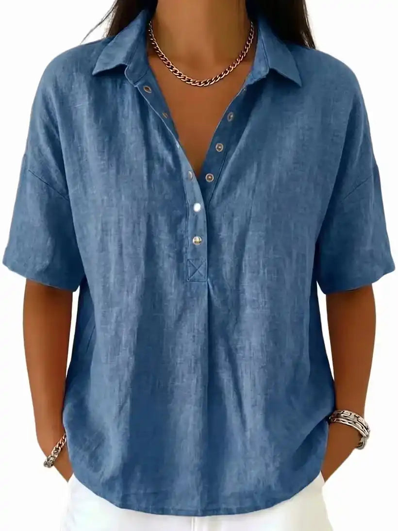 BreezeLinen – Women's Classic Collared Short-Sleeve Linen-Blend Shirt