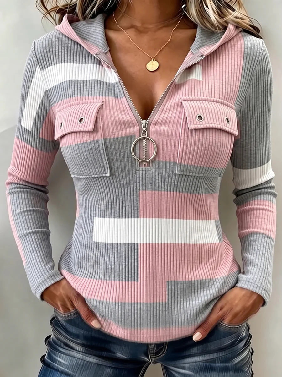 WildPatch – 🤲⏰ Chic Animal Patchwork Print Ribbed Hooded Top