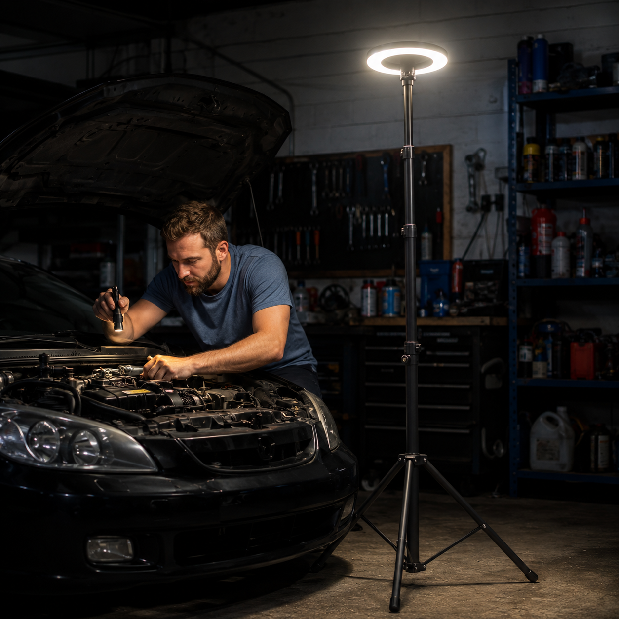 Telescopic camping and work light illuminating a vehicle repair workspace