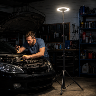 Telescopic camping and work light illuminating a vehicle repair workspace