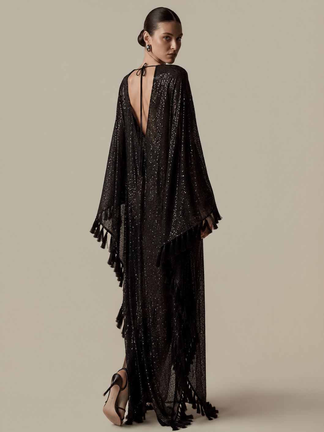 ShimmerDrift – Sequined Fringe-Trim Plunge V-Neck Maxi Kaftan Dress