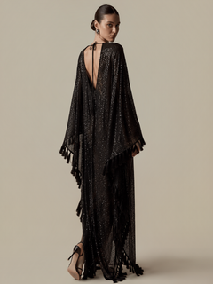 ShimmerDrift – Sequined Fringe-Trim Plunge V-Neck Maxi Kaftan Dress