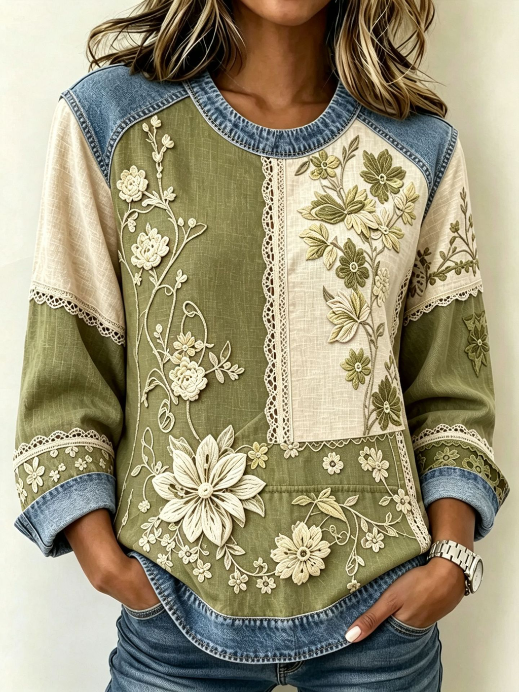 FloralDenim – 💛⏰ Women’s Floral Denim Patchwork Top