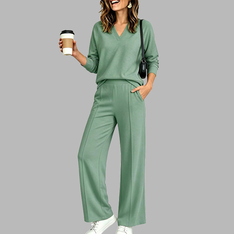 EaseLuxe – 👚Women's Casual V-Neck Top & Wide-Leg Pants Set