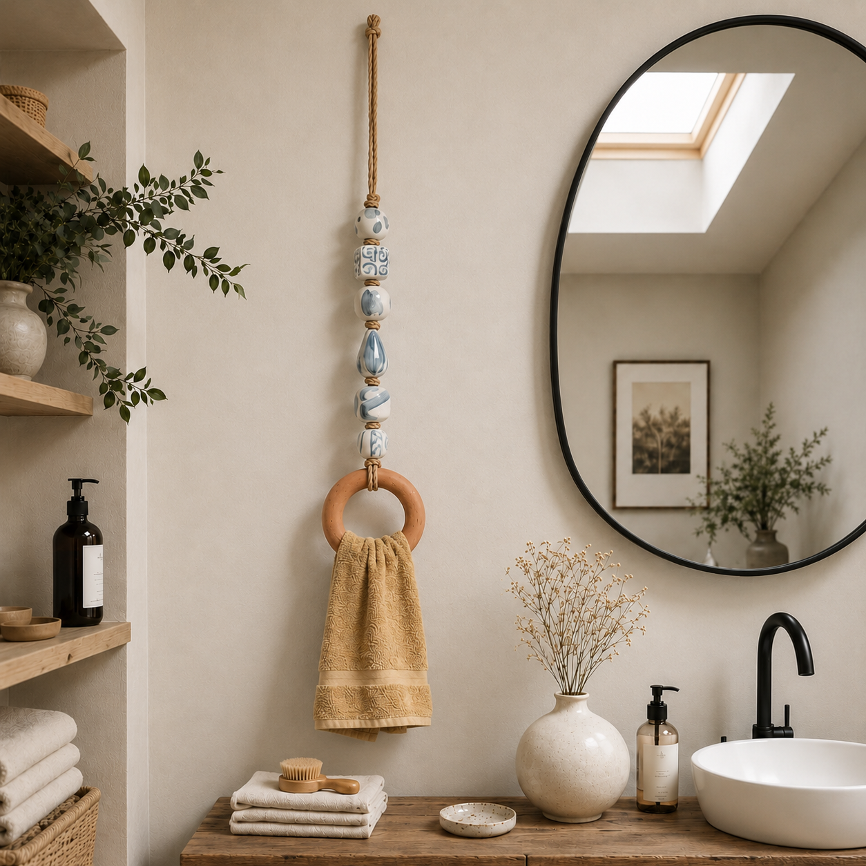 TerraLoop – Decorative Beaded Towel Hanger with Wooden Ring