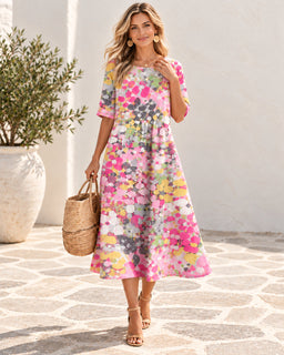 BloomWash – Watercolor Floral Milk Silk Dress