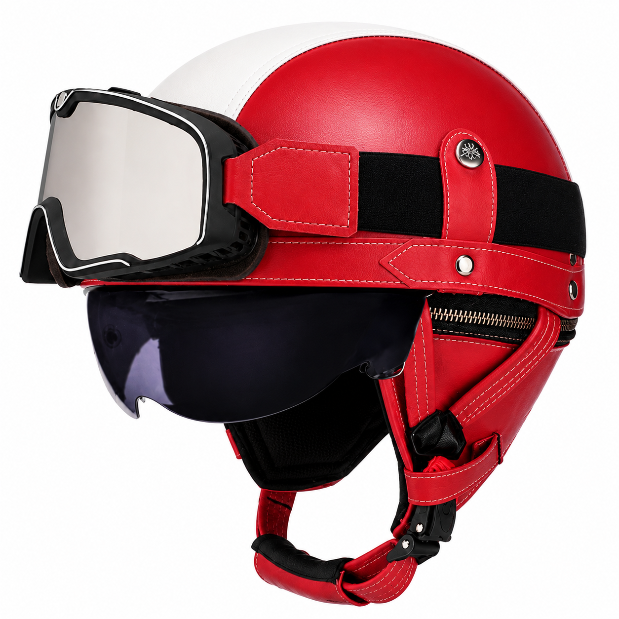 AviatorRide – Vintage PU Leather DOT Motorcycle Half Helmet with Goggles