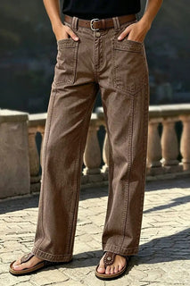 StitchLine – 🔥 Solid Stitch Detail Patch Pocket Mid-Rise Straight-Leg Pants