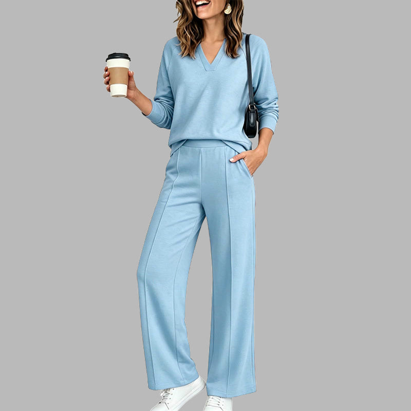 EaseLuxe – 👚Women's Casual V-Neck Top & Wide-Leg Pants Set