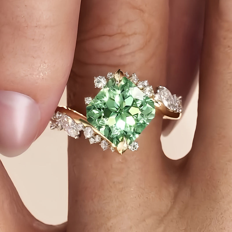 MintCrest – 3ct Cushion-Cut Mint Green Sapphire & White Sapphire Asymmetrical Cluster Ring