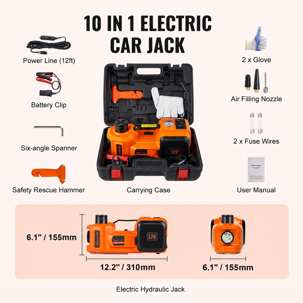 JackVolt – 💯🚗 5 Ton Electric Hydraulic Car Jack Lift with Air Pump