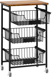 PantryRoll – Rolling Kitchen Storage Cart with Pull-Out Fruit Baskets and Wood Top
