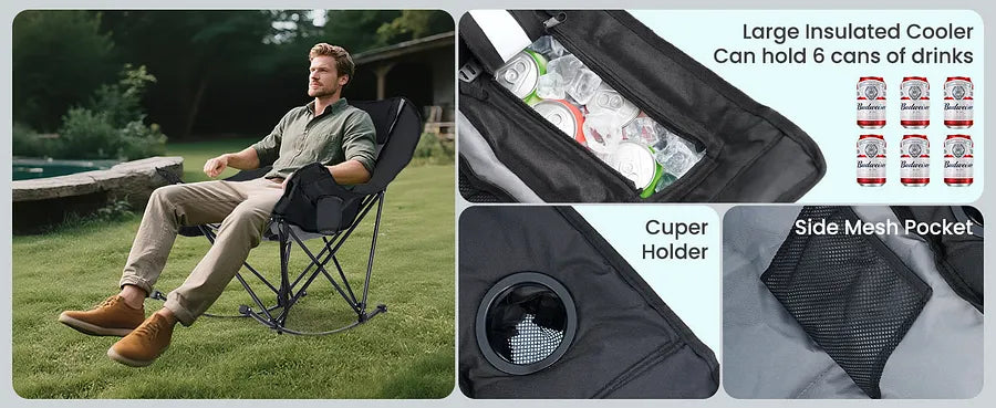 MoonRock – Padded Folding Camping Rocker with Cooler & Cup Pockets