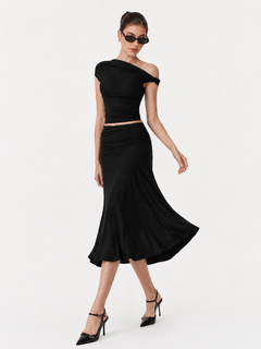 MilayaSculpt – Off-the-Shoulder Ruched Top & Midi Skirt Set