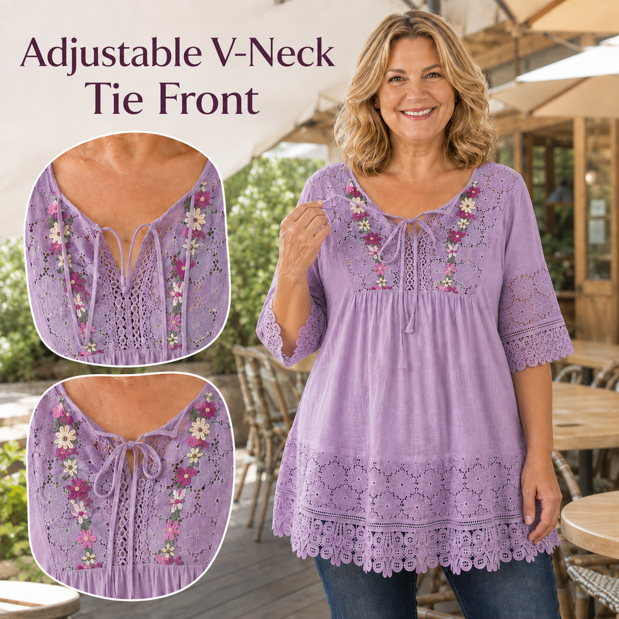 BohoBloom – Plus-Size Cotton-Linen Floral Embroidered Lace Tunic