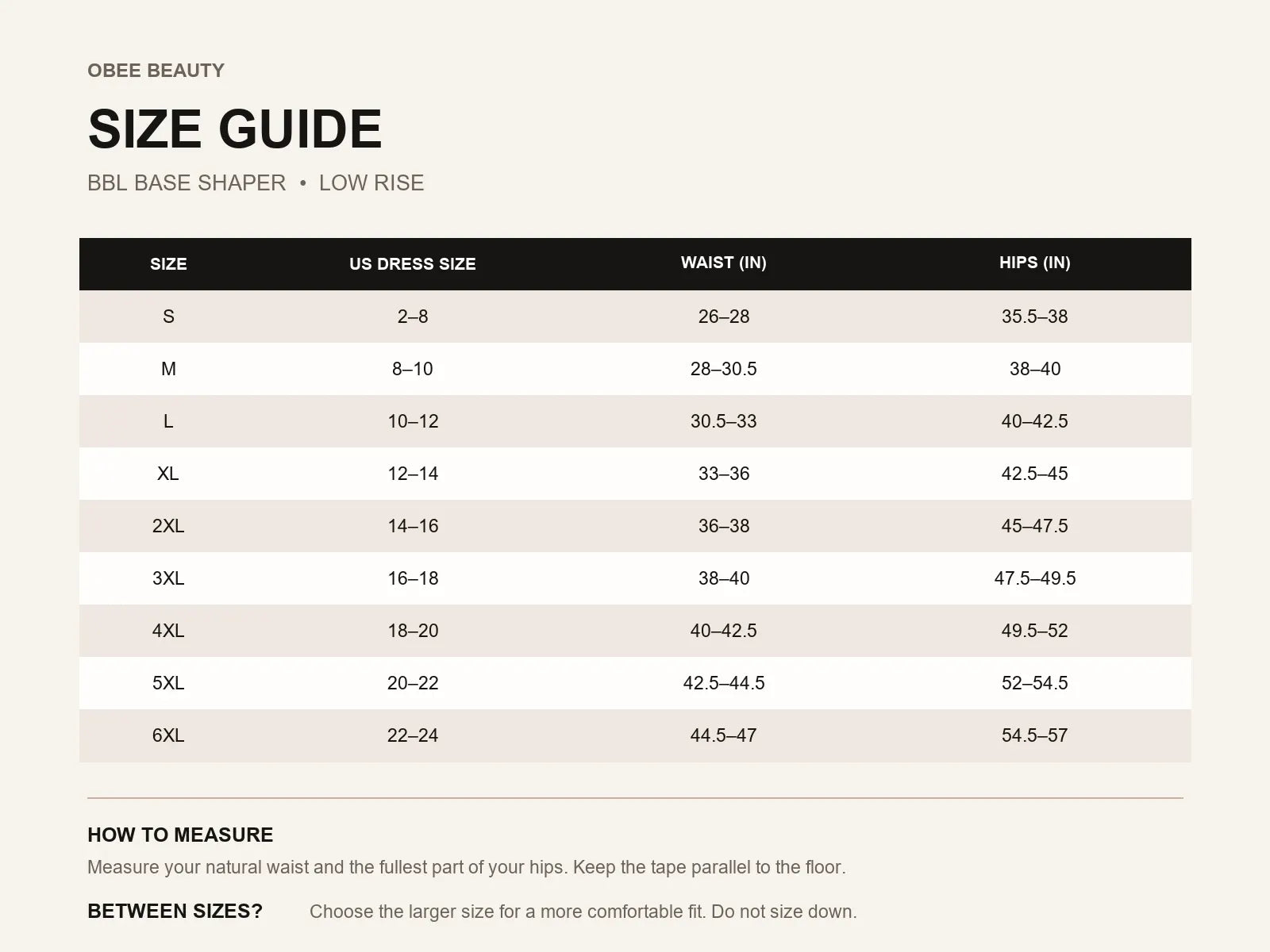 OBEE BBL Base Shaper size guide